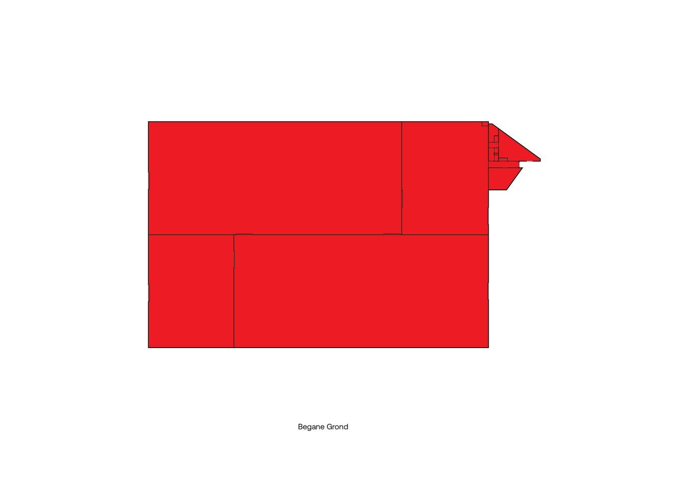 Op een plattegrond met het label Begane Grond zijn de kamers en muren zwart omlijnd en zijn alle ruimtes rood ingevuld op een witte achtergrond.