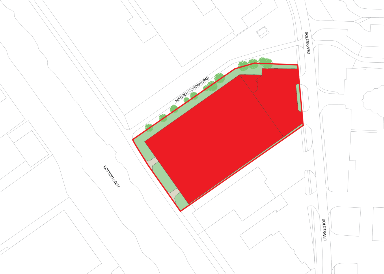 Locatiekaart met een rood gemarkeerd gebied omzoomd door straten en groene boomflarden langs één rand, wat de omlijnde eigendomsgrens aangeeft.