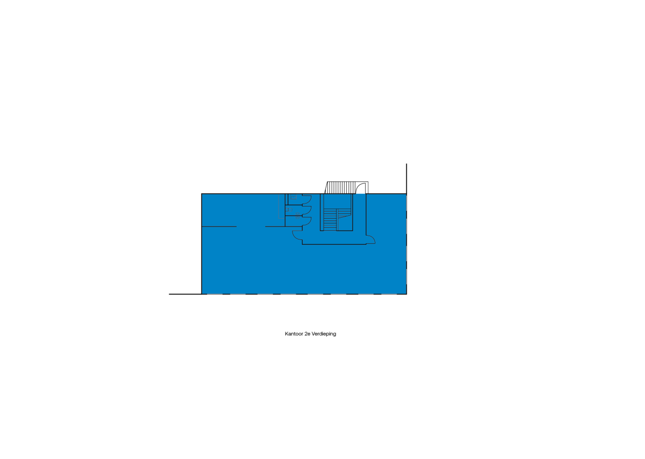 Een eenvoudige plattegrond met blauwe arcering, gedeeltelijke trappen en het label Kantoor 3e Verdieping midden onder.