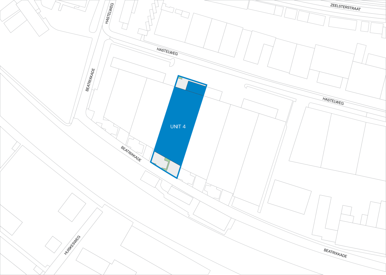 Plattegrond van een blok gebouwen; één gebouw is blauw gemarkeerd en aangeduid met "Unit 4" vlakbij de kruising van meerdere straten.