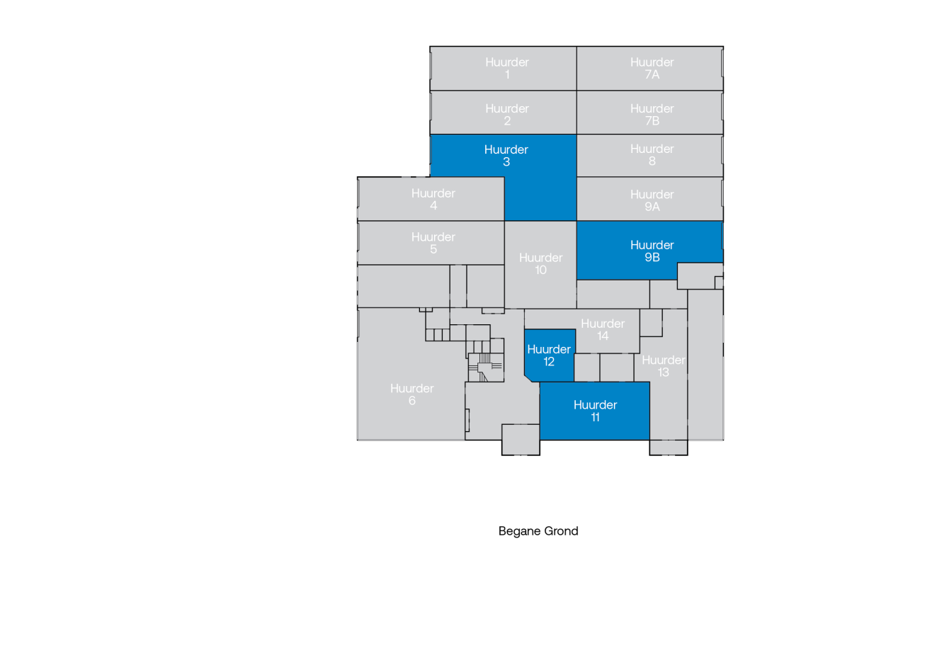 Plattegrond met het label Begane Grond met verschillende eenheden gemarkeerd met Huurder en eenheden 3, 7, 9B en 12 in blauw gemarkeerd.
