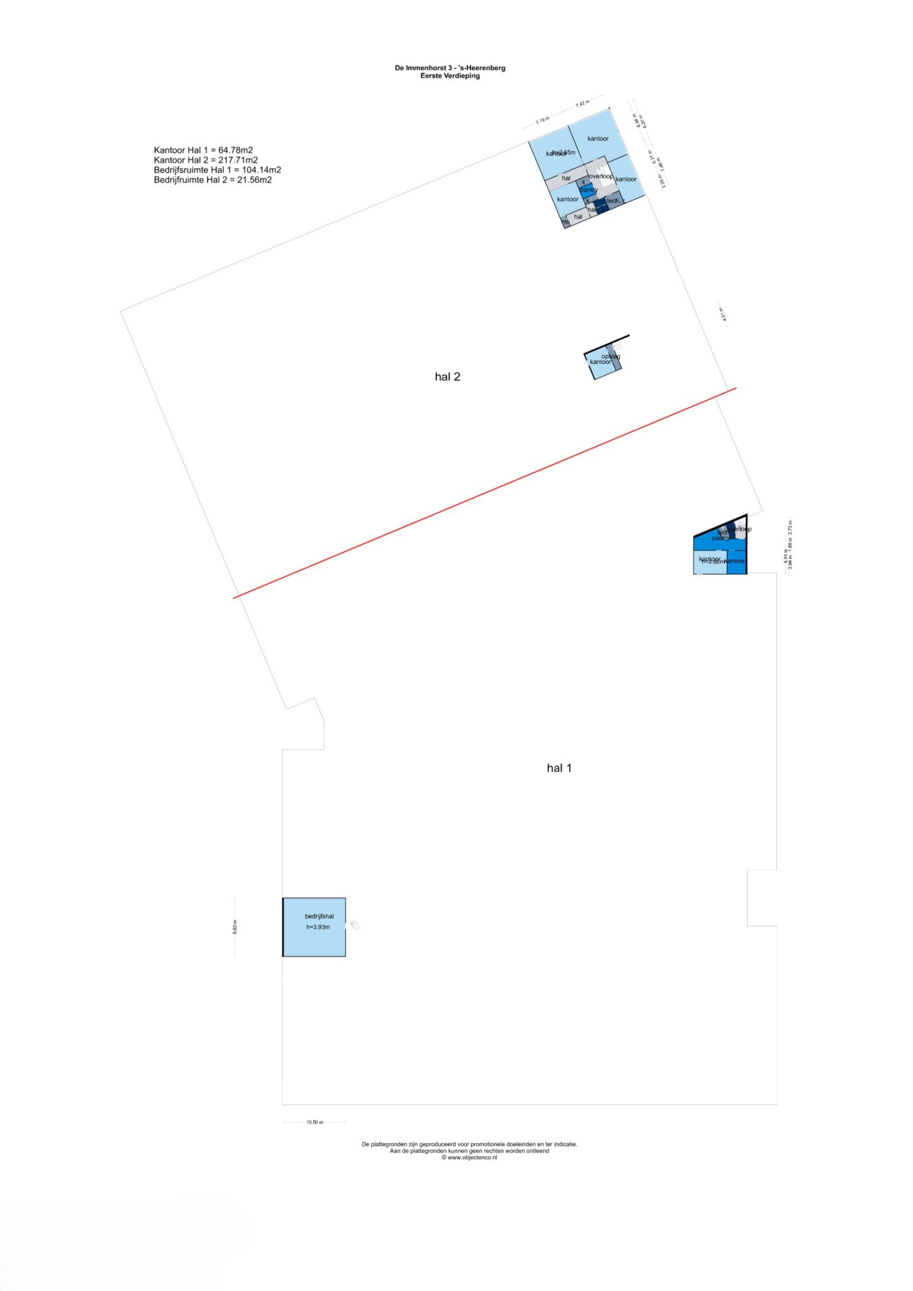 Een plattegrond van een gebouw met twee grote hallen, aangeduid als hal 1 en hal 2, met gemarkeerde locaties voor kantoor-, kantine- en sanitaire ruimten.