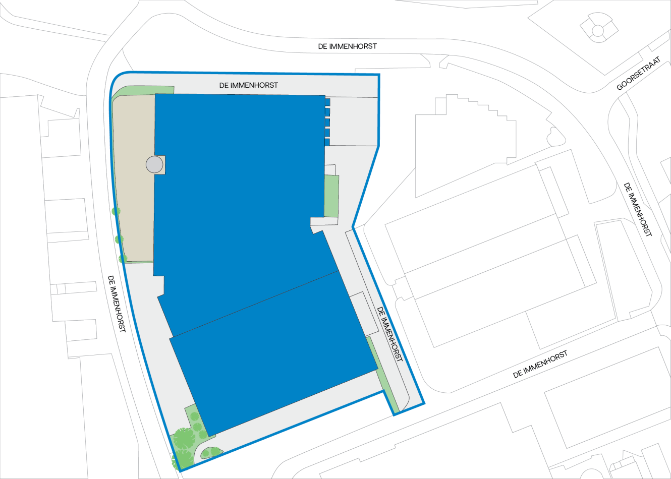 Plattegrond met een groot blauw omlijnd en gearceerd gebouw begrensd door de straten De Mienhorst en Godetiaflat, met aangrenzende structuren en omliggende wegen.