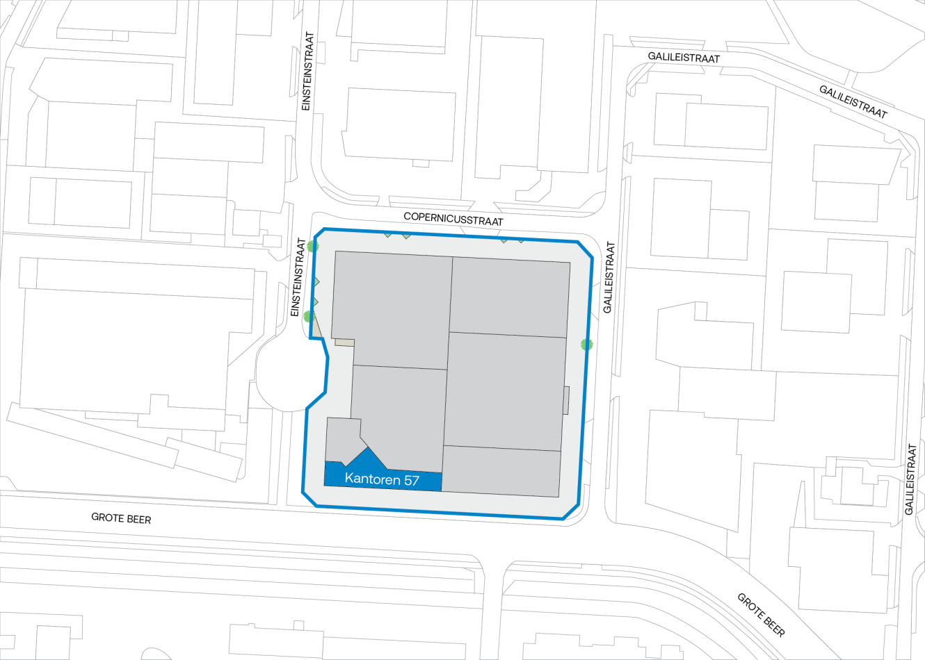 Een plattegrond schetst een gebouwencomplex dat begrensd wordt door de Copernicusstraat, de Galletstraat en de Grote Beer, met de Kantoren 57 in blauw gemarkeerd binnen het complex.