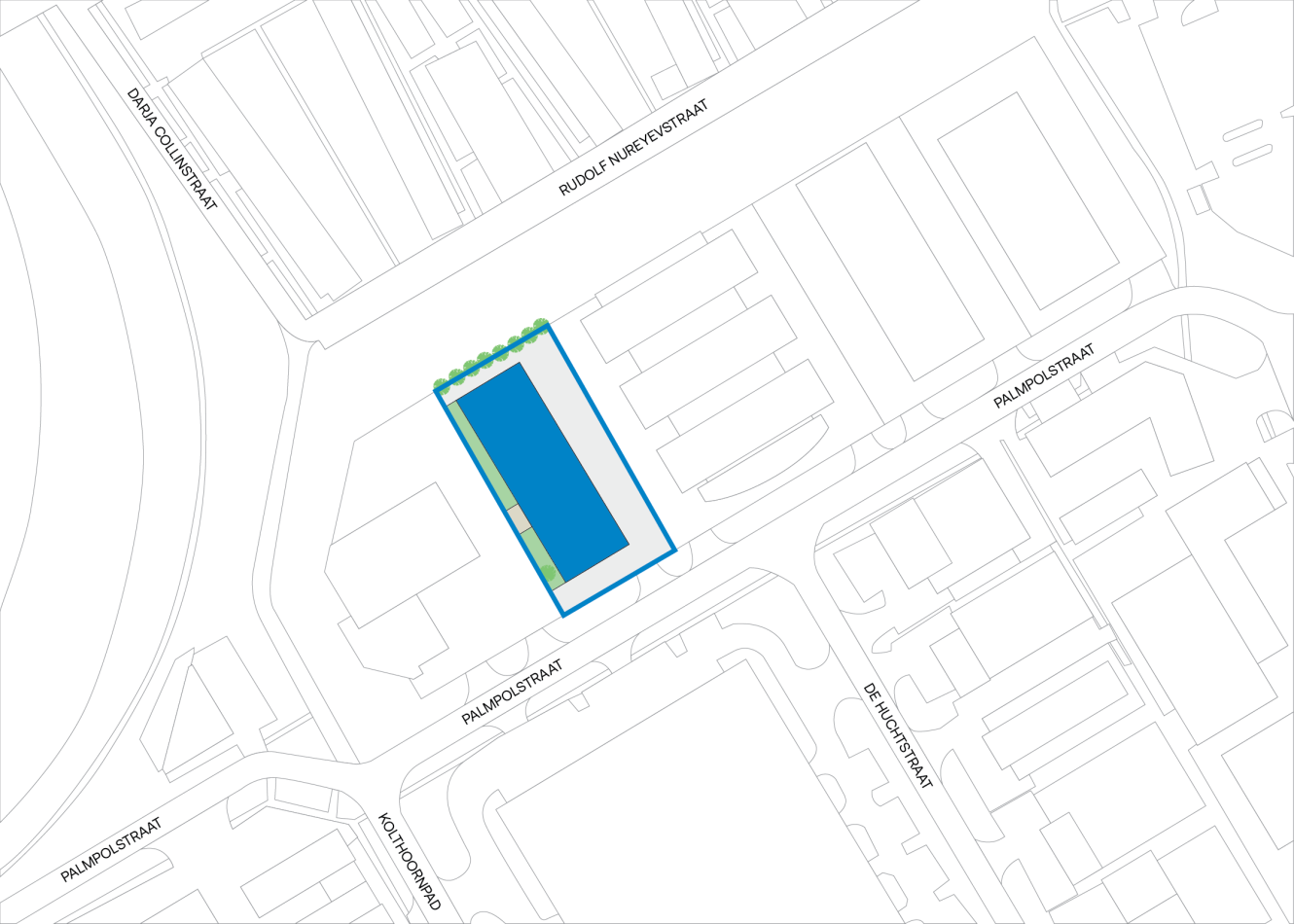 Een kaart toont een rechthoekig gebouw in blauw omlijnd, gemarkeerd op Paulospstraat. Omliggende straten en nabijgelegen gebouwen zijn ook zichtbaar.