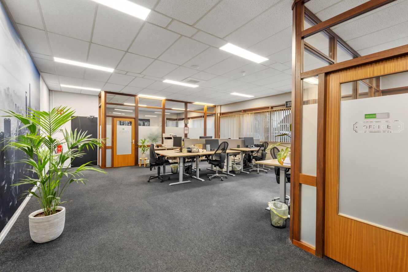 Moderne kantoorruimte met bureaus, computers, bureaustoelen, planten in potten en scheidingswanden van glas onder heldere overheadverlichting.