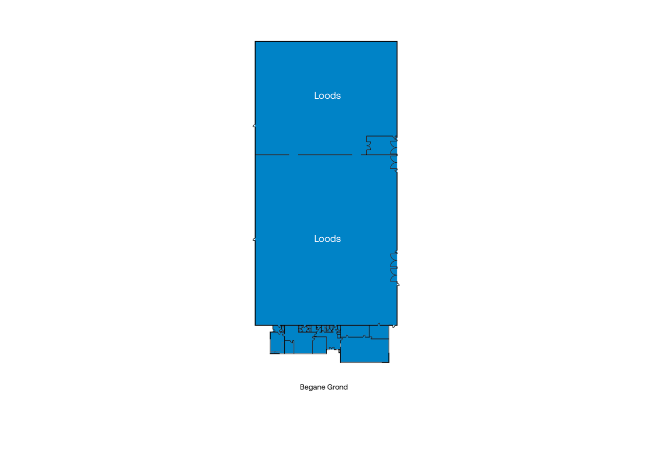 Plattegrond met twee grote ruimtes met het label Loods en kleinere ruimtes onderaan, met het label Begane Grond.