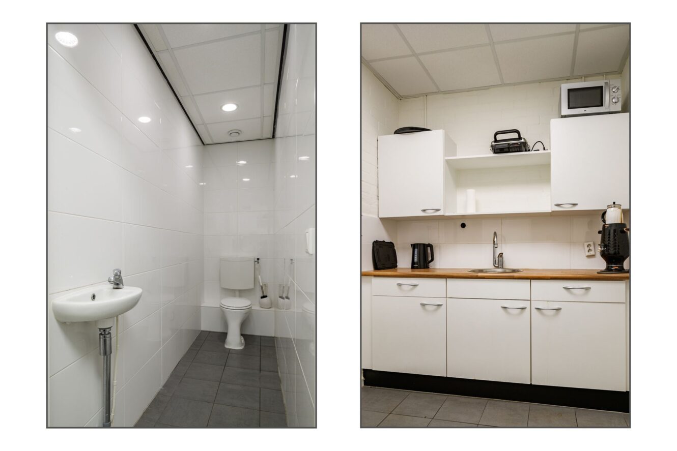 Afbeeldingen naast elkaar: links een toilet met toilet en wastafel; rechts een kleine keuken met kastjes, apparatuur en aanrecht.
