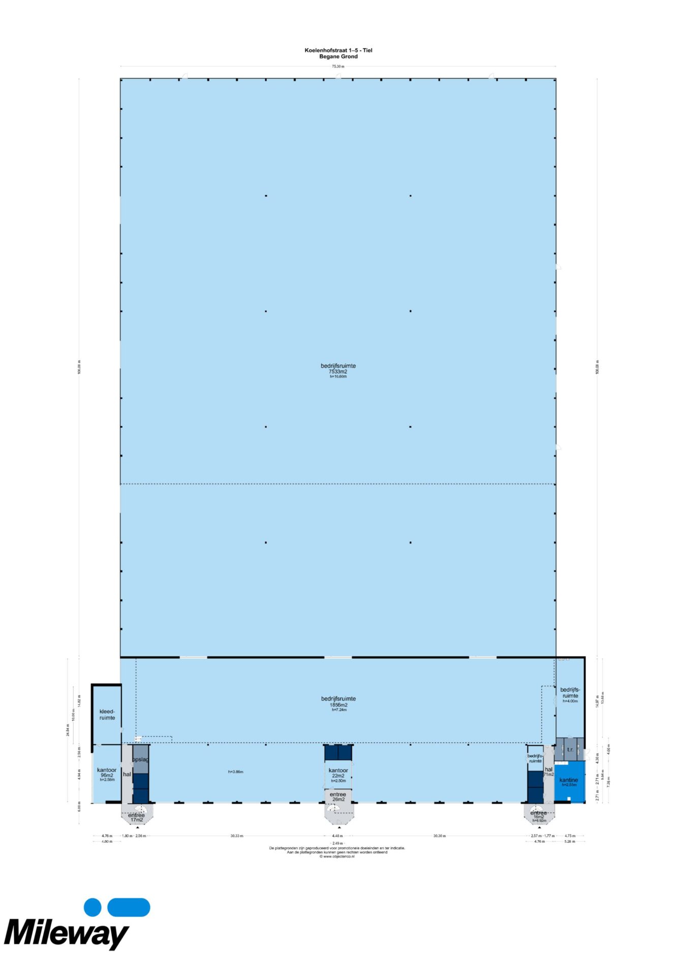 Plattegrond van een groot magazijn met laadkades, kantoorruimtes en technische ruimtes onderaan; Mileway-logo linksonder.