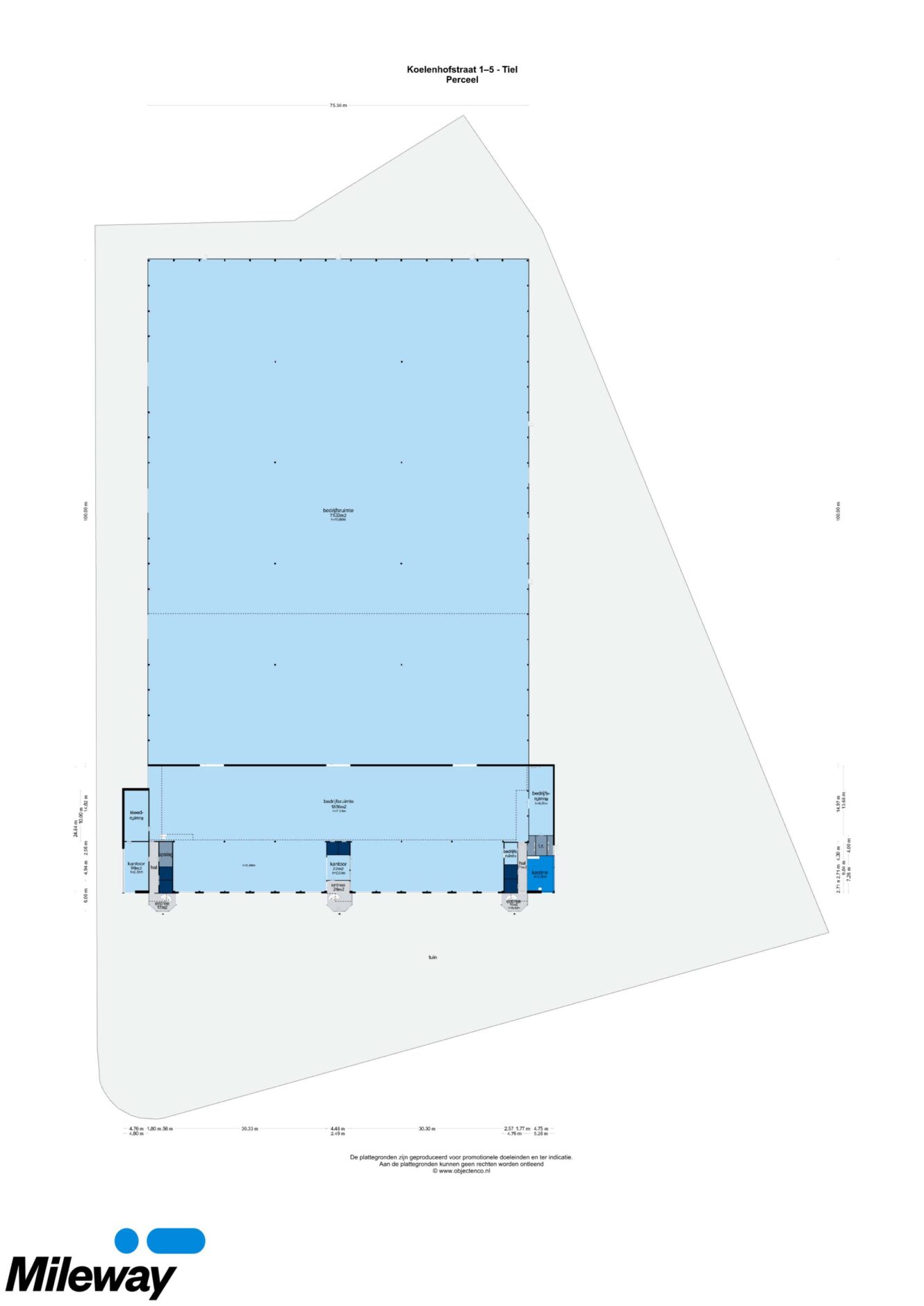 Blauwdruk van een groot rechthoekig magazijn met laadkades en aangrenzende kamers aan de voorkant; Mileway-logo linksonder.