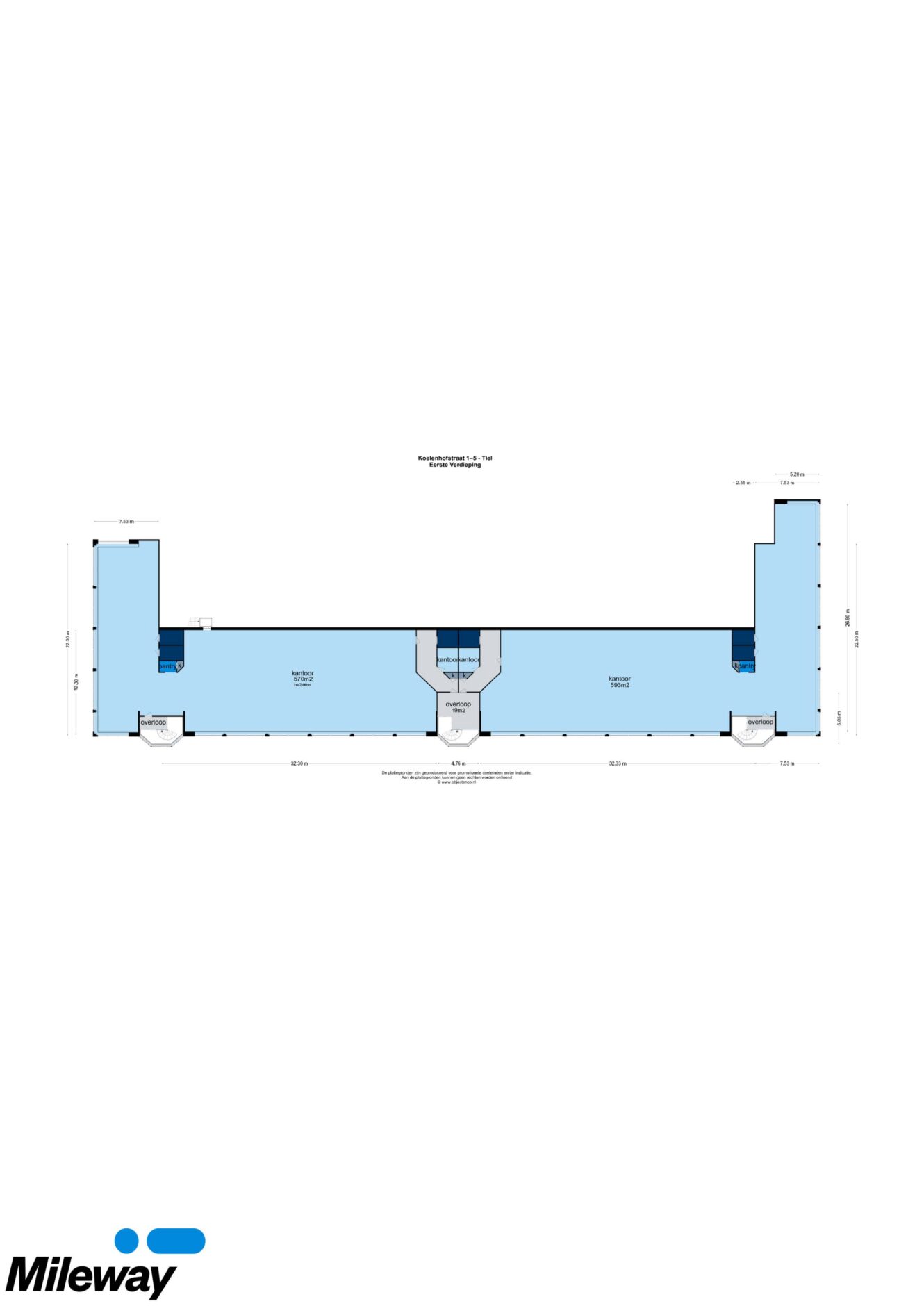 Bouwkundige plattegrond van een rechthoekig gebouw met centrale ingangen en gelabelde secties; Mileway-logo linksonder.