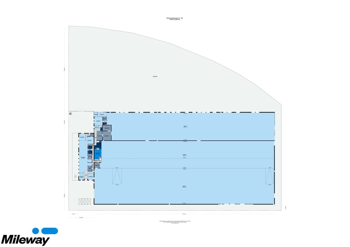 Plattegrond van een groot magazijn met kantoor en bijkeuken aan de linkerkant; de belangrijkste opslagruimte beslaat het grootste deel van de ruimte. Mileway-logo linksonder.