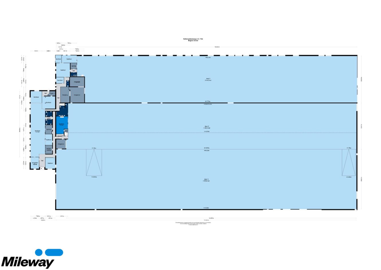 Plattegrond van een groot magazijn met kantoorruimtes en utiliteitsruimtes langs één kant; Mileway-logo linksonder.