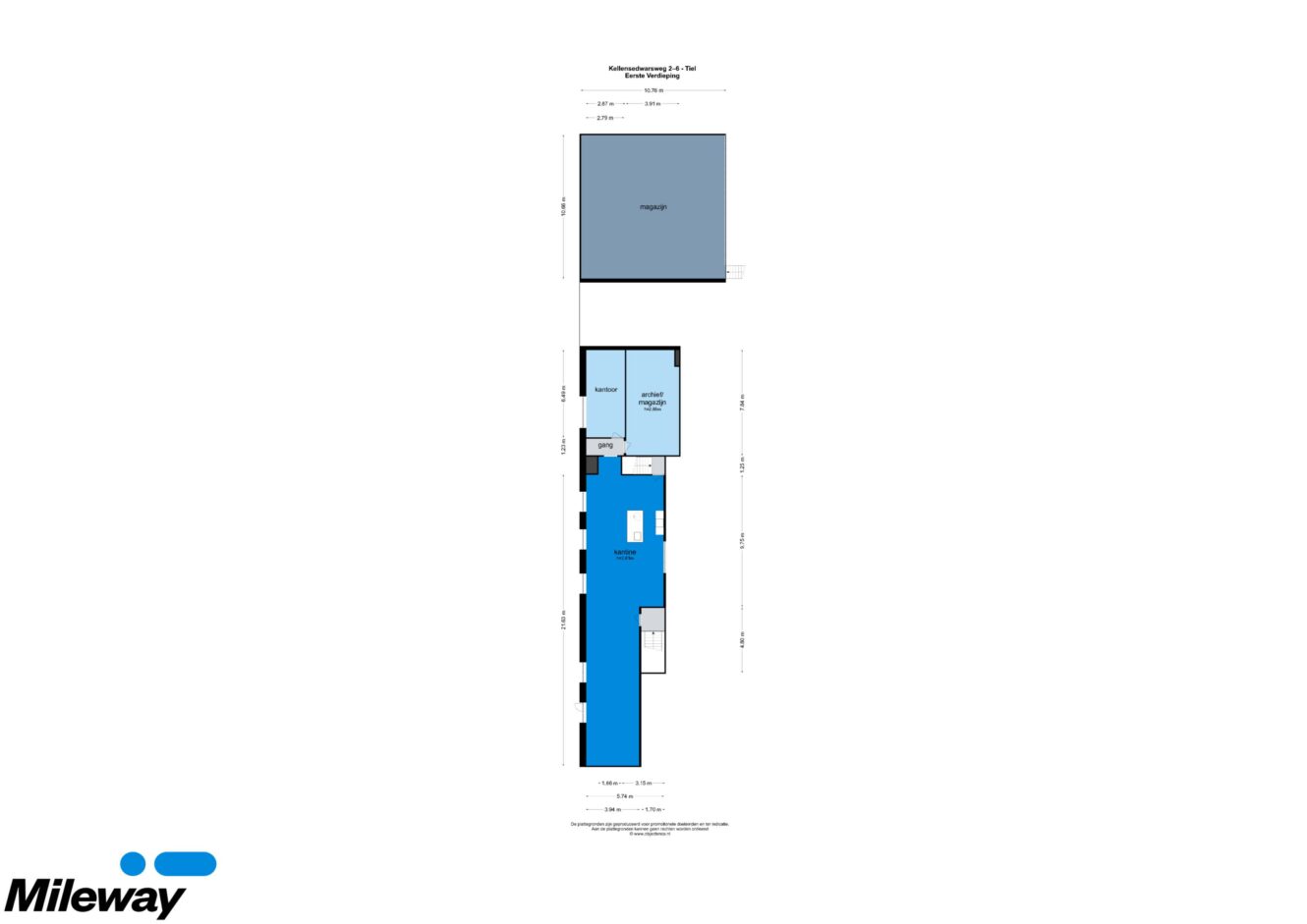 Een plattegrond met een grote rechthoekige garage, verschillende kleinere kamers en een lange gang; Mileway-logo linksonder.
