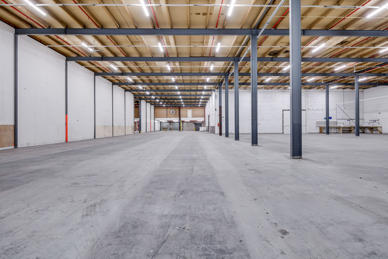 Ruim leeg magazijninterieur met hoge plafonds, zichtbare balken en rijen stalen steunkolommen onder heldere bovenverlichting.