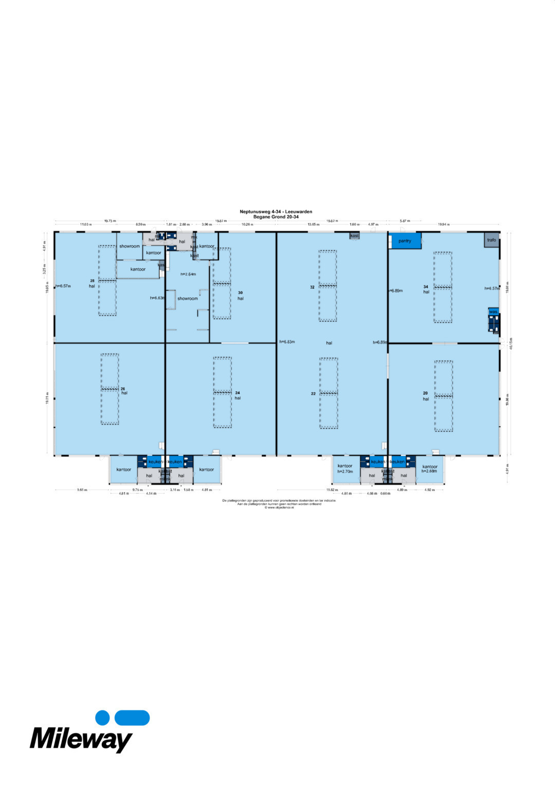 Blauwdruk van een plattegrond van een magazijn met aangegeven ruimtes, opslagplaatsen, laadperrons en het Mileway-logo in de linkerbenedenhoek.