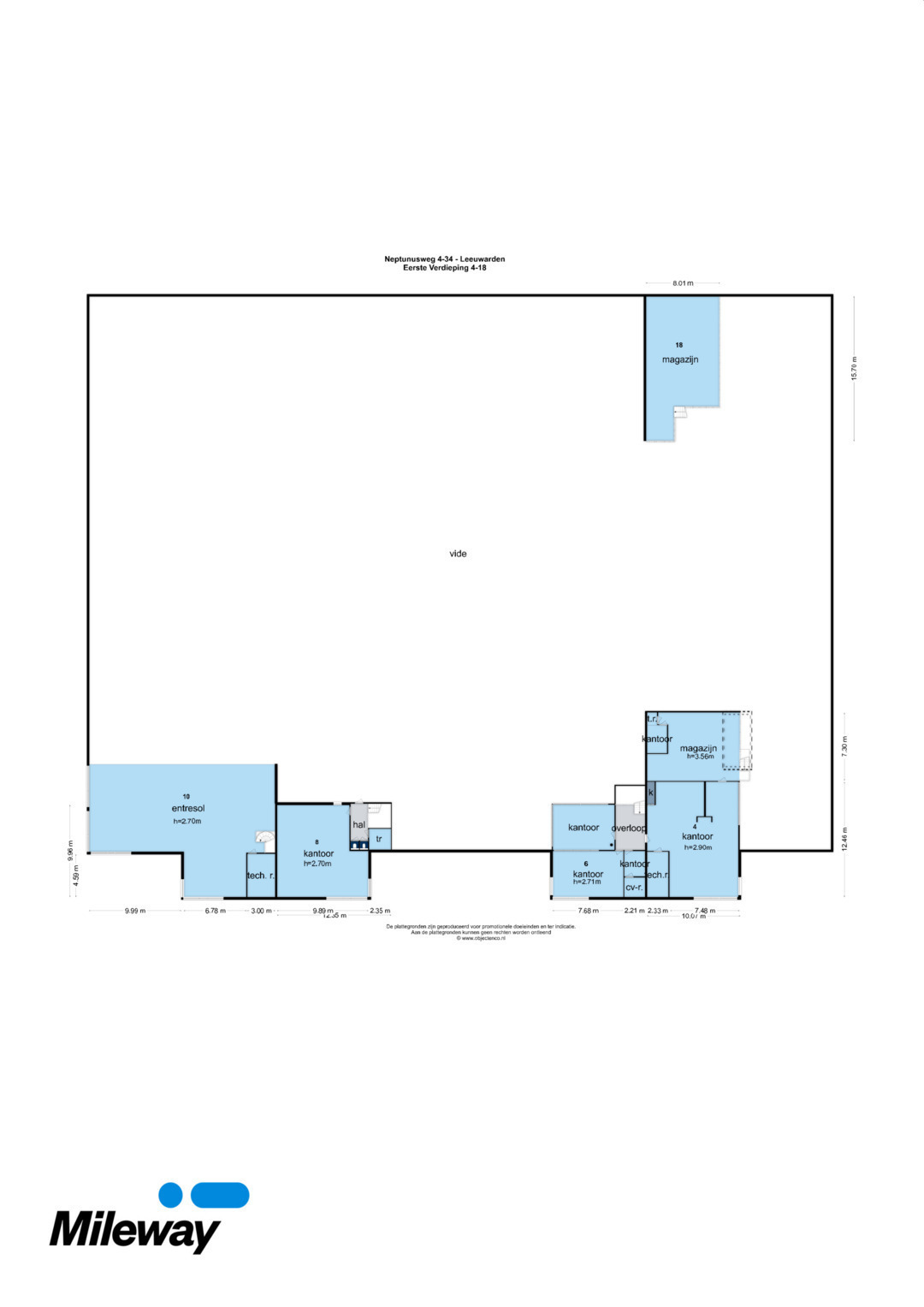 Plattegrond van een groot magazijn met verschillende kleine kantoor-, opslag- en bijruimtes, die aan de onder- en rechterkant in het blauw zijn aangegeven. Het Mileway-logo staat in de linkeronderhoek.