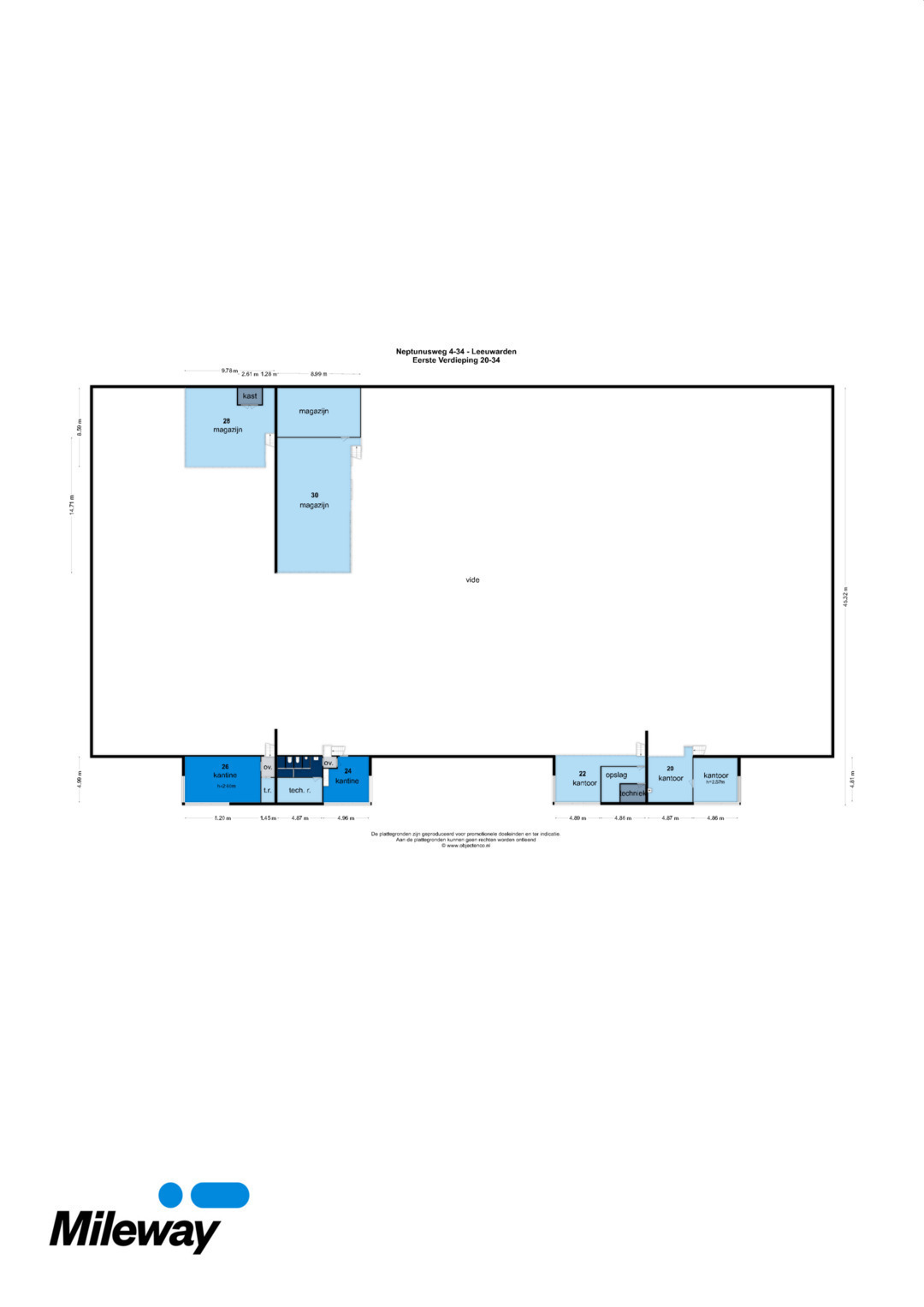 Plattegrond met aangegeven zones voor kantoren, opslagruimtes en toiletten aan de onder- en linkerkant, een ruime open centrale ruimte en het Mileway-logo in de linkeronderhoek.