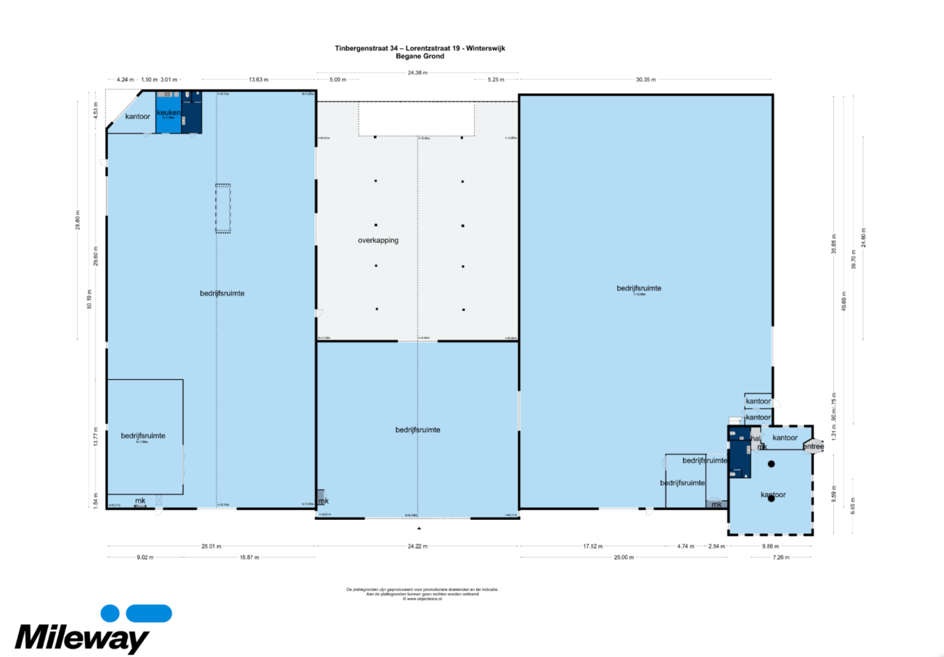 Blauwdruk van de plattegrond van een ruim industrieel of commercieel gebouw, met aangeduide ruimtes, kantoren, toiletten en het Mileway-logo in de linkerbenedenhoek.