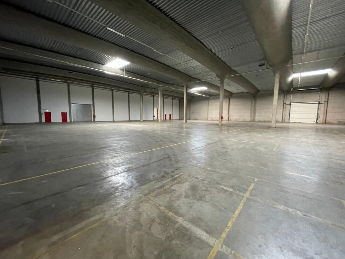 Ruim, leeg magazijninterieur met betonnen vloeren, hoog plafond, steunkolommen en verschillende rode deuren langs de verste muur.
