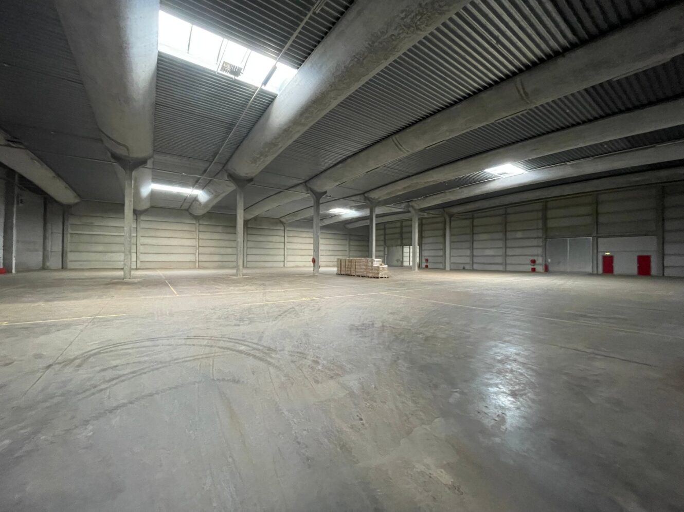 Groot, leeg pakhuis met betonnen vloeren, hoge plafonds, dakramen en een kleine stapel houten pallets in het midden.