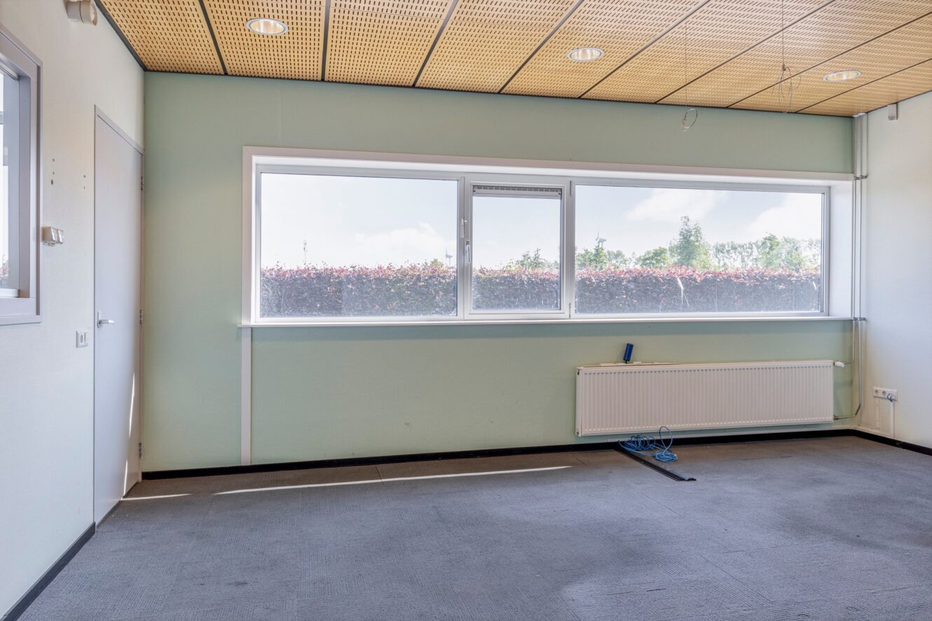 Lege kantoorkamer met lichtgroene muren, groot raam, radiator, plafondpanelen en losse kabels op de vloerbedekking.