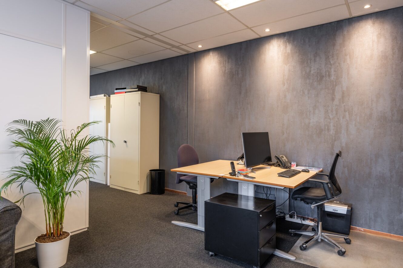 Modern kantoor met een bureau, computer, twee stoelen, archiefkasten en een potplant tegen een grijze muur.