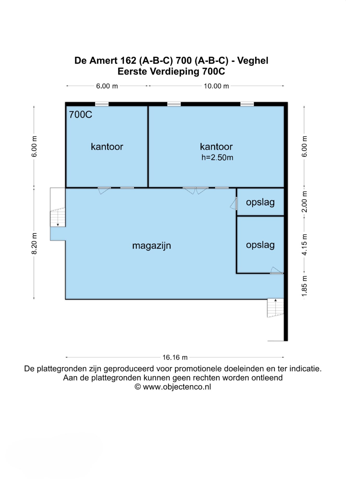 Plattegrond van de eerste verdieping van De Amert 162, met twee kantoren, een opslagruimte en een magazijnruimte met gelabelde afmetingen in meters.