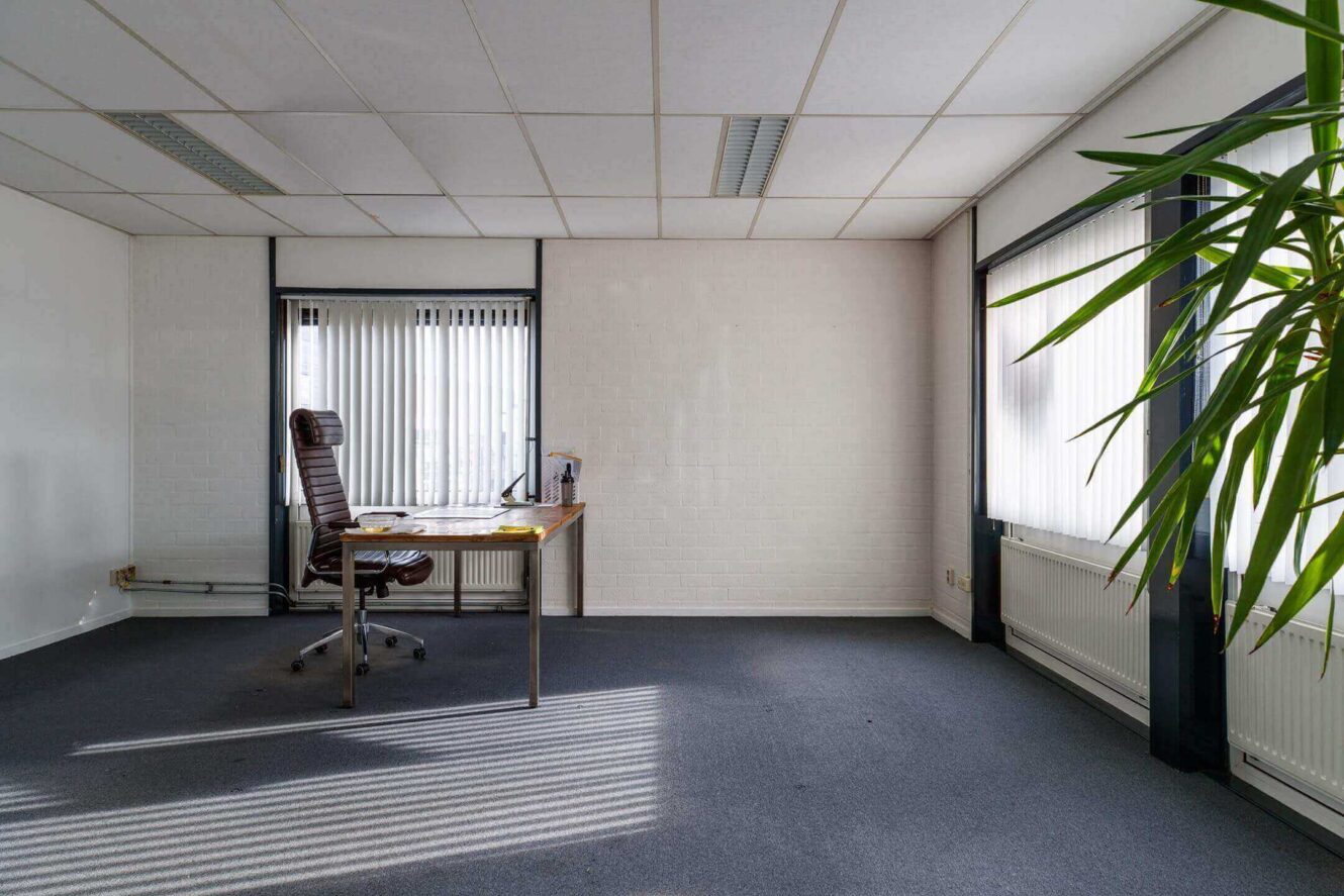 Een minimaal kantoor met een bureau, stoel, computer en papieren bij grote ramen met luxaflex. Een hoge plant staat in de hoek; de kamer heeft witte muren en een blauw tapijt.