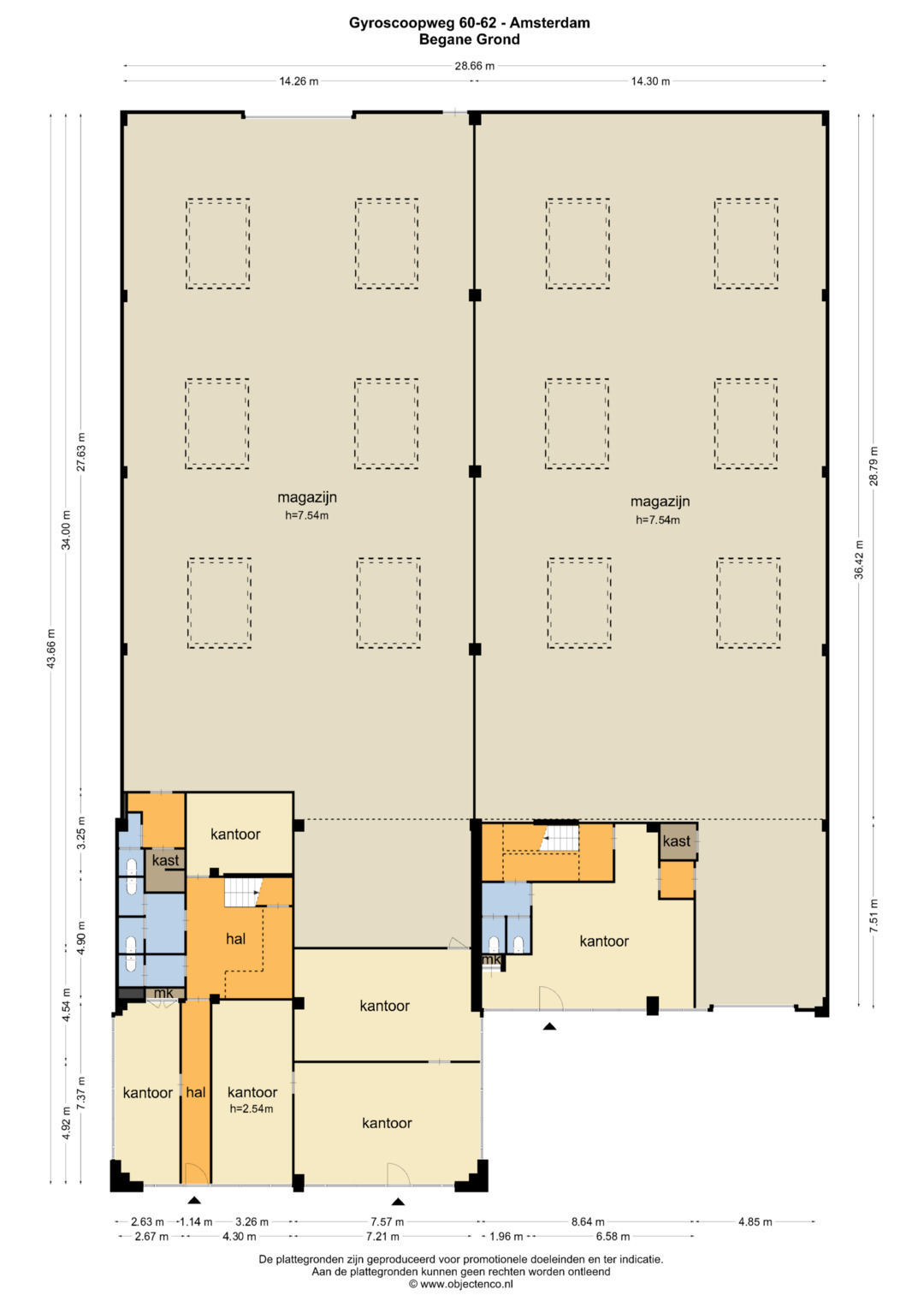Plattegrond van een commercieel gebouw in Amsterdam met meerdere kantoren (kantoor), hallen, opslagruimtes (magazijn, kast) en toiletten op de begane grond.