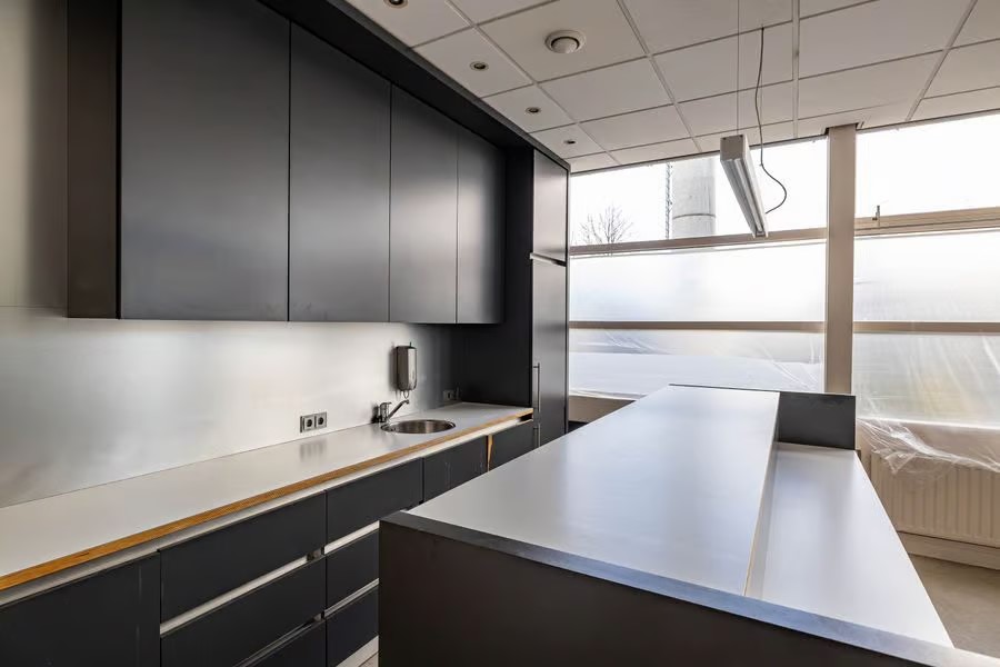Moderne keuken met donkere kasten, een ingebouwde spoelbak, roestvrijstalen aanrechtblad en grote ramen die natuurlijk licht binnenlaten.