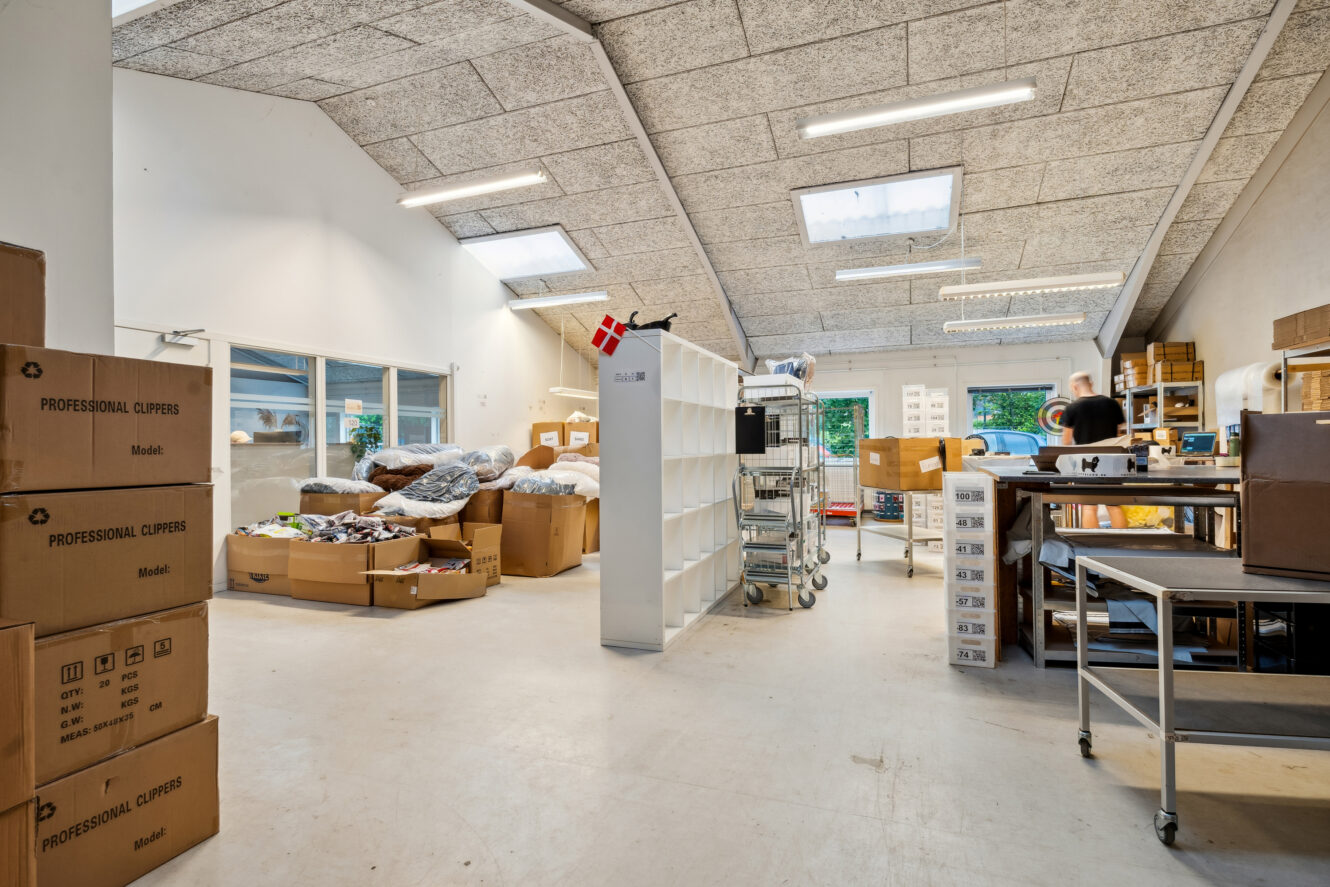 Et rummeligt lagerlokale med kasser, hylder, vogne og forskellige pakker organiseret rundt omkring i området; store vinduer og ovenlys giver naturligt lys.
