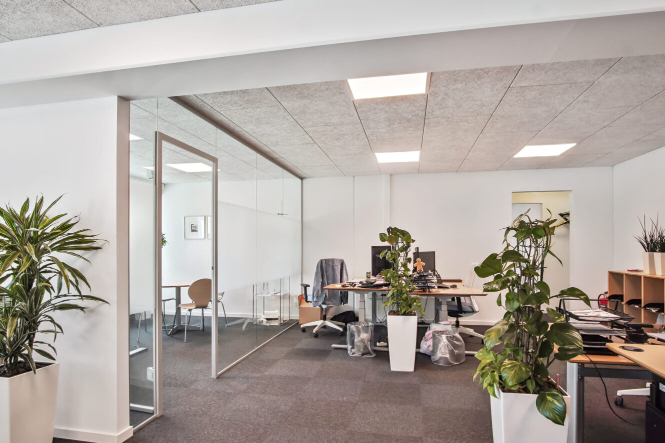 Moderne storrumskontor med skriveborde, stole, computerskærme, potteplanter, mødelokale med glasvægge og neutral indretning.