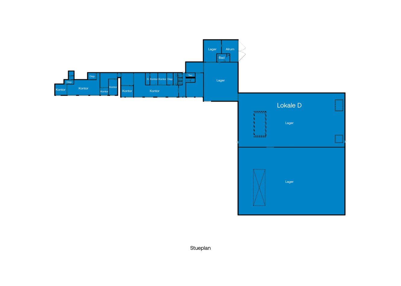 Tegning af en etageplan mærket Stueplan med flere rum markeret som kontorer, lager og et stort rum mærket Lokale D.