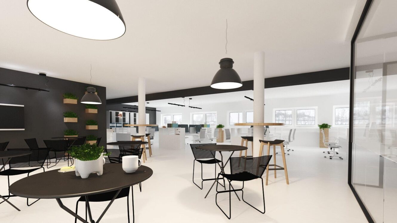 Moderne åbent kontorlandskab med runde borde, sorte stole, potteplanter og store vinduer, der giver naturligt lys. Høje skamler og arbejdsstationer ses i baggrunden.