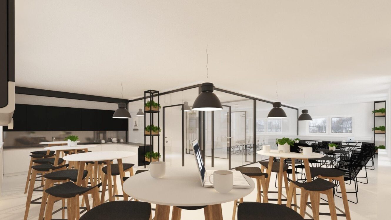 Moderne kontorlounge med runde borde, træskamler, sorte pendler, potteplanter og møderum med glasvægge i et lyst, minimalistisk miljø.