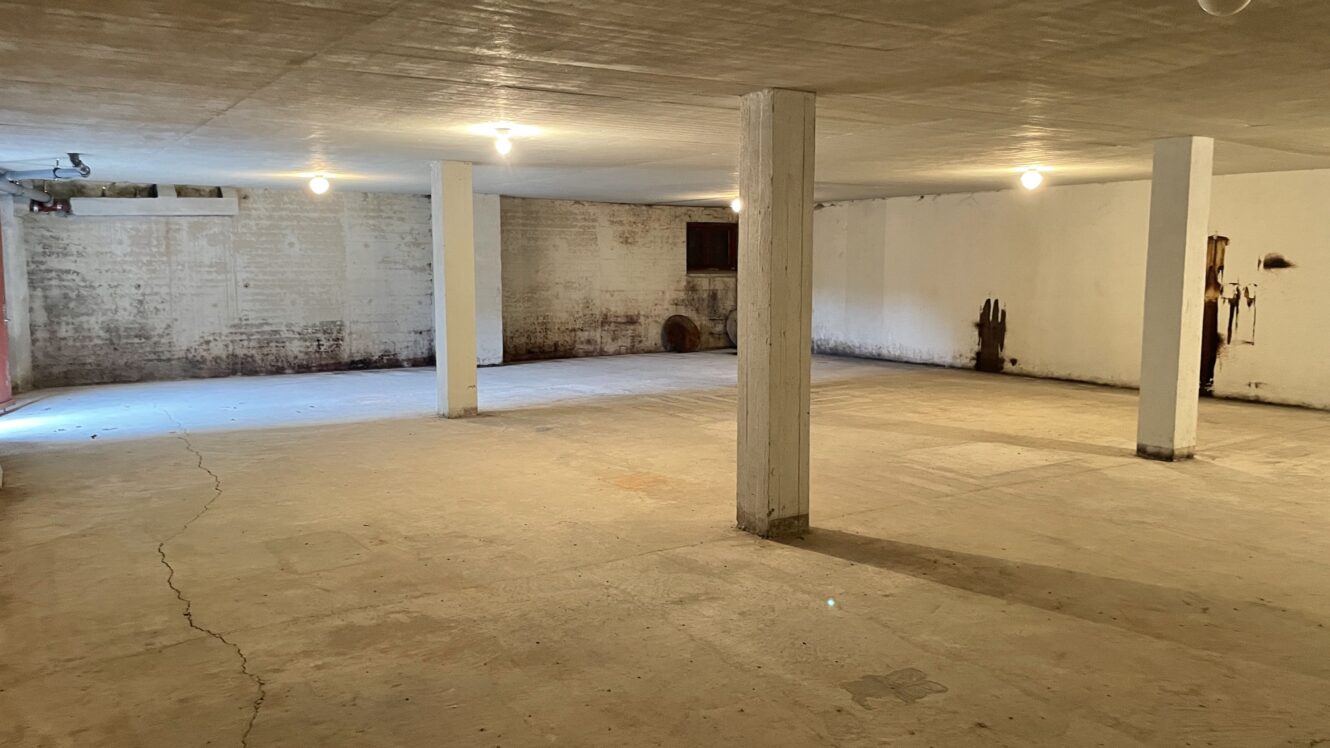Tomt kælderrum med betongulv, hvidmalede murstens- og gipsvægge, synlige søjler og ovenlys; nogle områder har vandskader og misfarvninger.