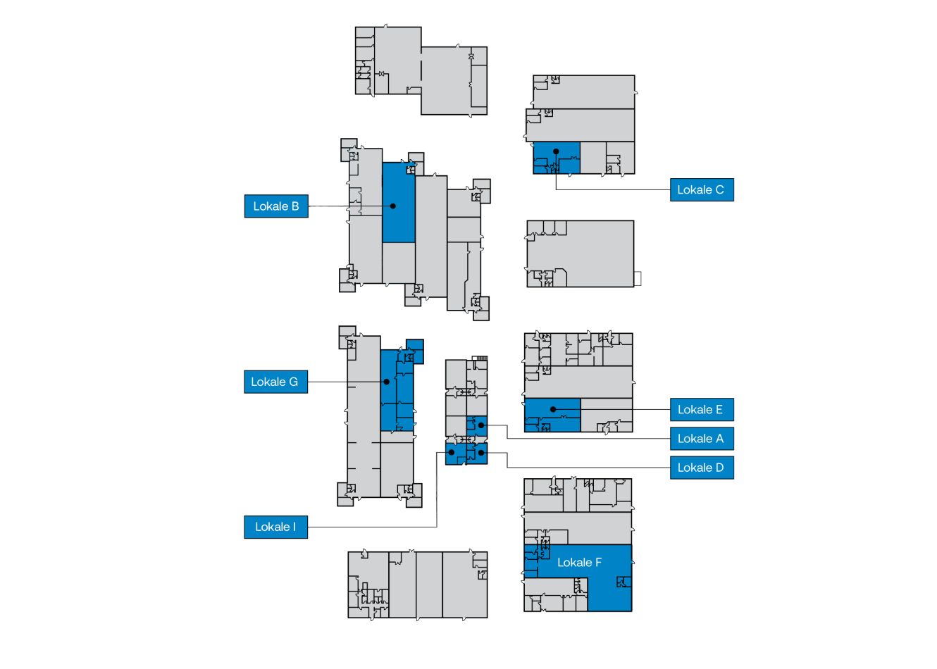 Kortlayoutet viser flere markerede sektioner (Lokale A-I) med specifikke rum fremhævet med blåt på tværs af forskellige bygningsblokke.