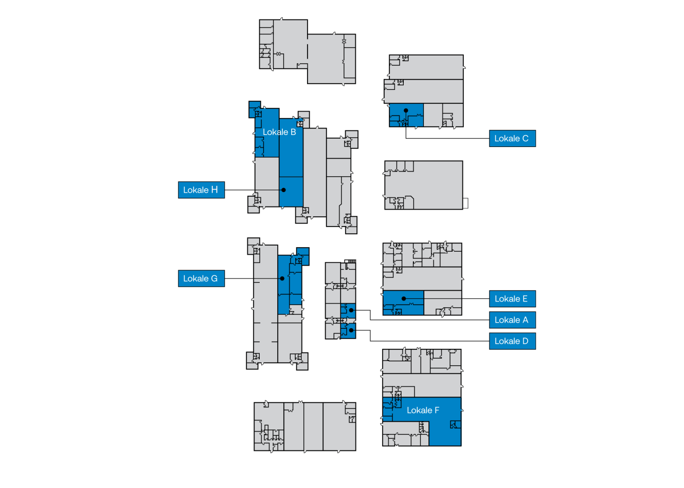 Plantegning med flere markerede rum (Lokale A-H); markerede sektioner i blåt angiver hvert markeret rums placering i forskellige bygninger.