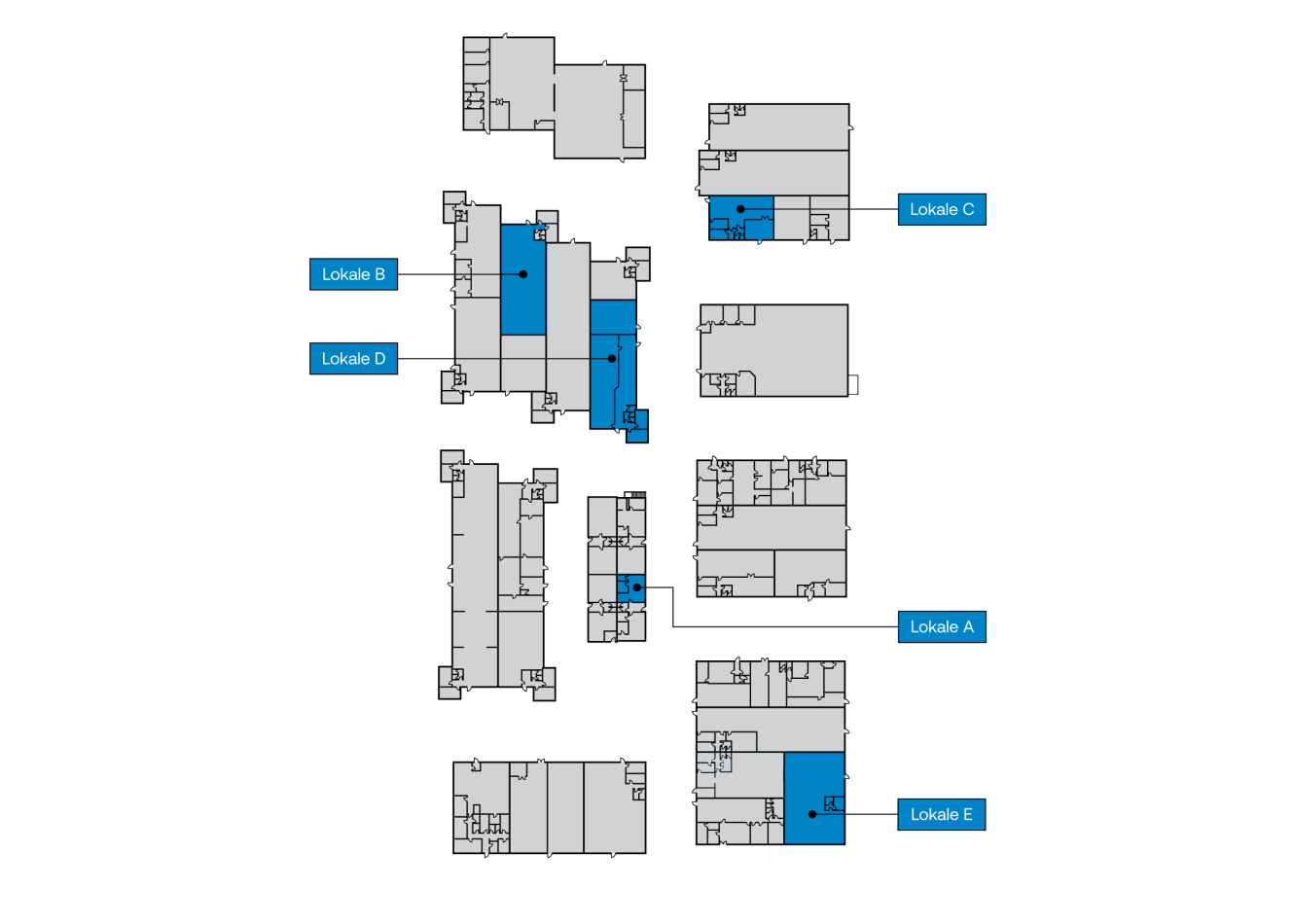 Diagram over en bygnings grundplan, der viser flere snit, hvor områderne mærket Lokale A, B, C, D og E er skraveret i blåt.