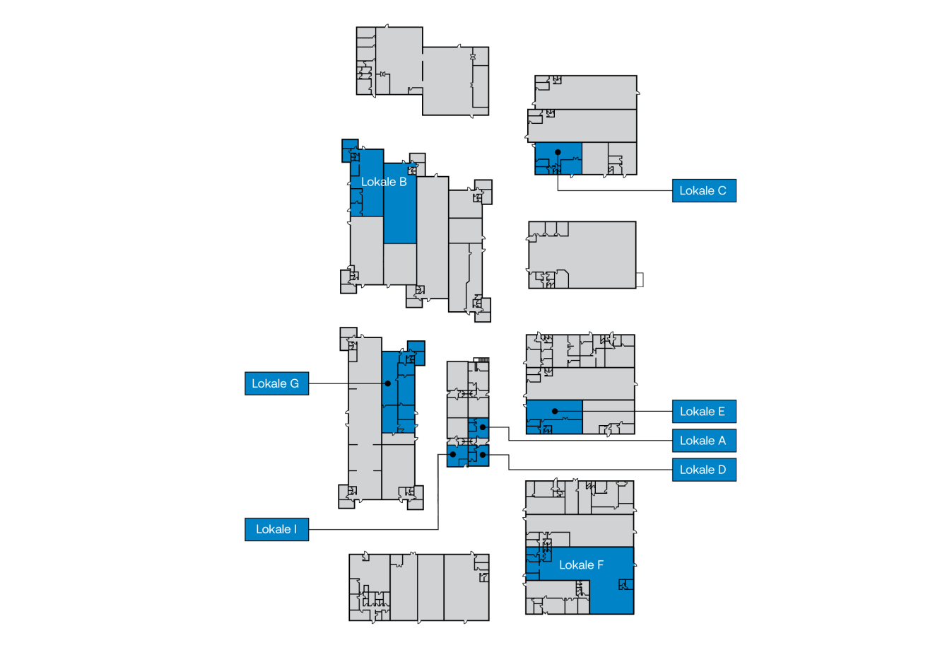 Bygningens grundplan med flere markerede sektioner i blåt: Lokale A, B, C, D, E, F, G og I, der angiver forskellige områder i anlægget.