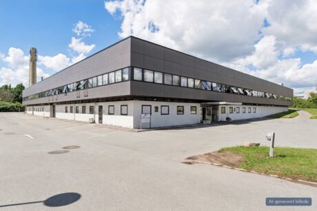 En moderne toetagers industri- eller kontorbygning med fladt tag, store vinduer og en asfalteret parkeringsplads under delvis overskyet himmel.