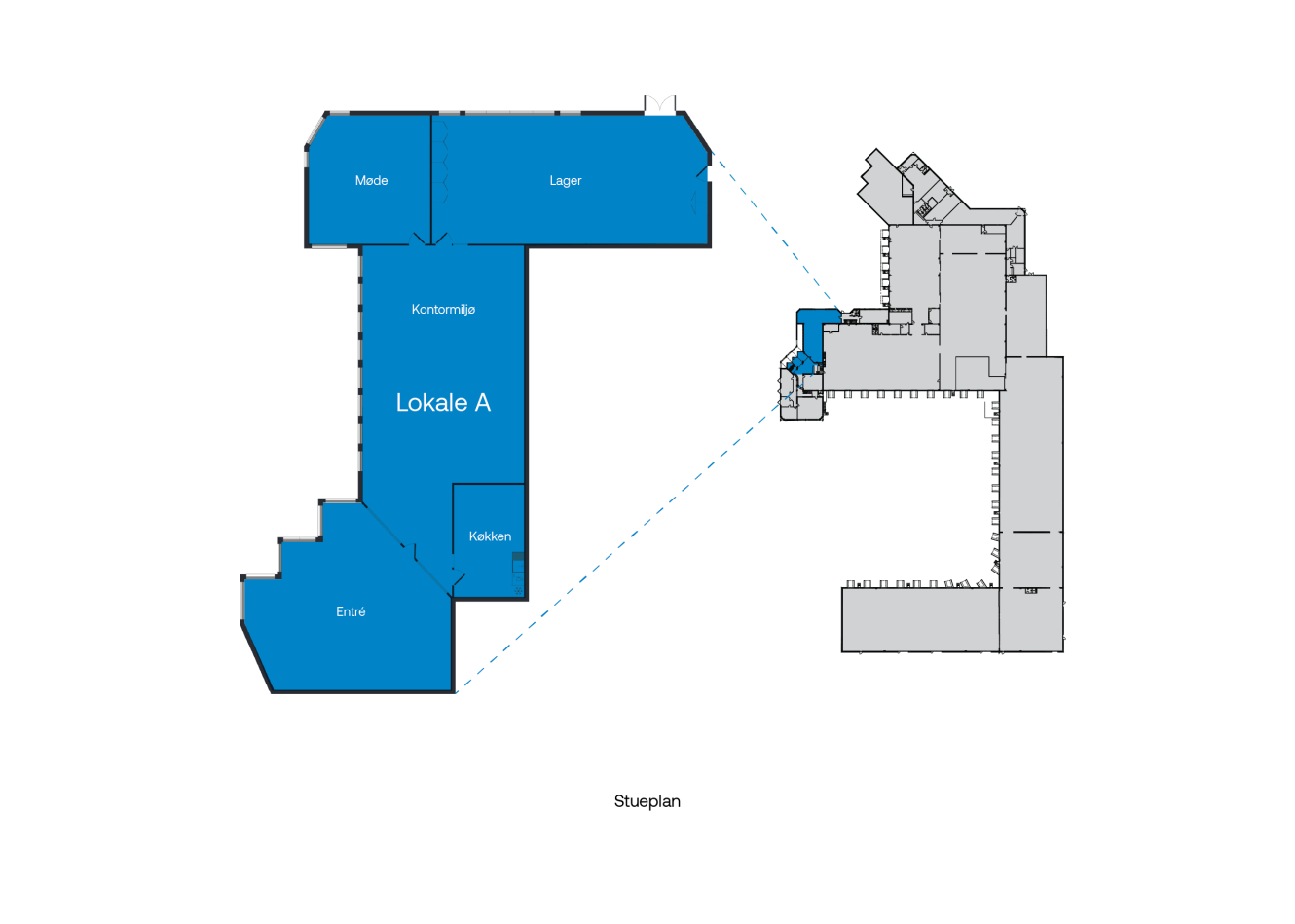 Grundplan med Lokale A og tilstødende rum markeret med blåt og en stiplet linje, der forbinder dette afsnit med dets placering i et større bygningslayout.