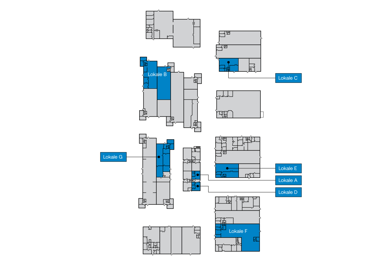 Grundplan med flere bygningsafsnit; områder mærket Lokale A-G er fremhævet med blåt på tværs af forskellige afsnit.
