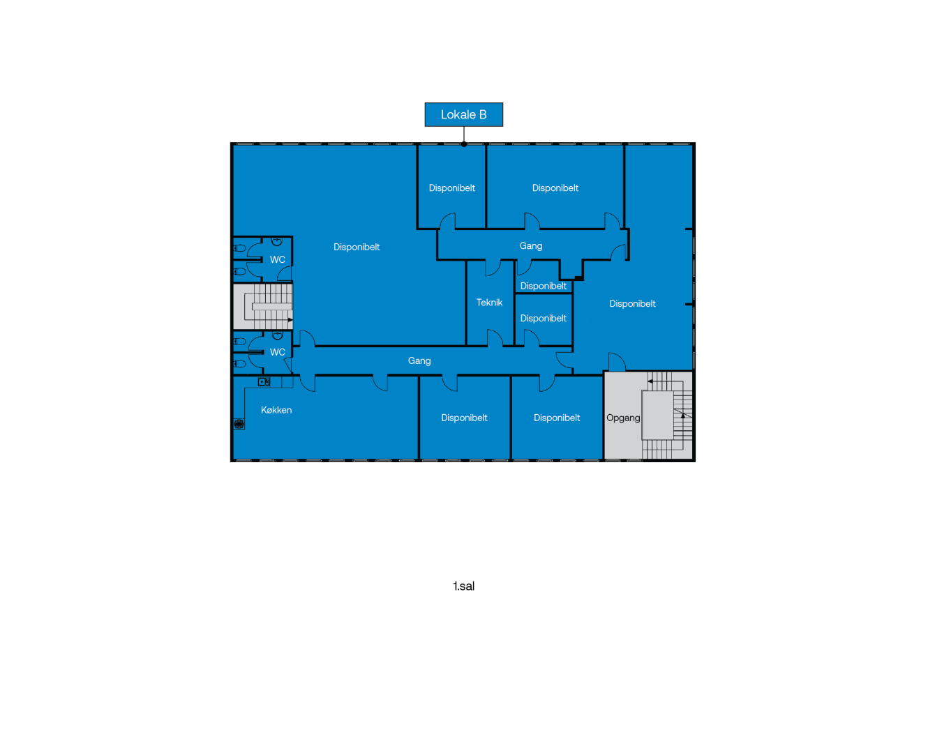 Plantegning af Lokale B, der viser flere rum mærket deponibelt, to toiletområder, et køkken, et teknisk rum, gangbroer og et trapperum.