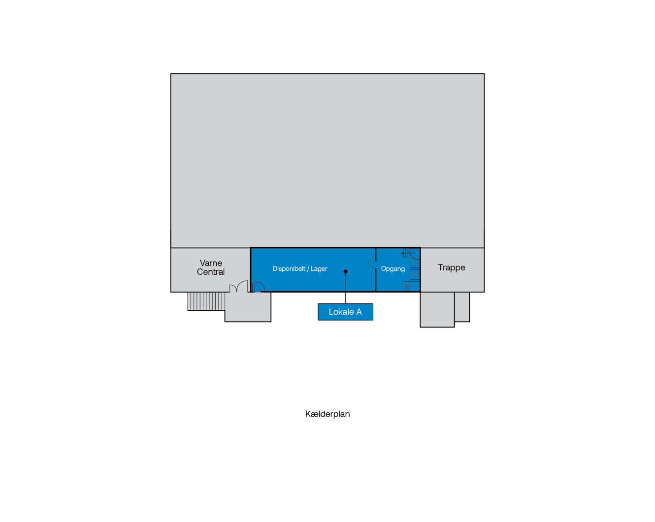 Plantegning mærket Kælderplan med rum: Varme Central, Disponibelt/Lager, Opgang, Trappe og Lokale A i blåt.