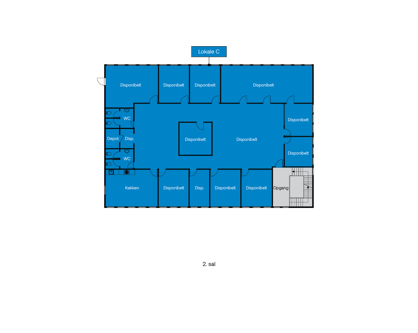 Plantegning af Lokale C med flere mærkede værelser, køkken, toilet, depot og trappeopgang; værelser er skraveret med blåt, trappeopgang er grå.