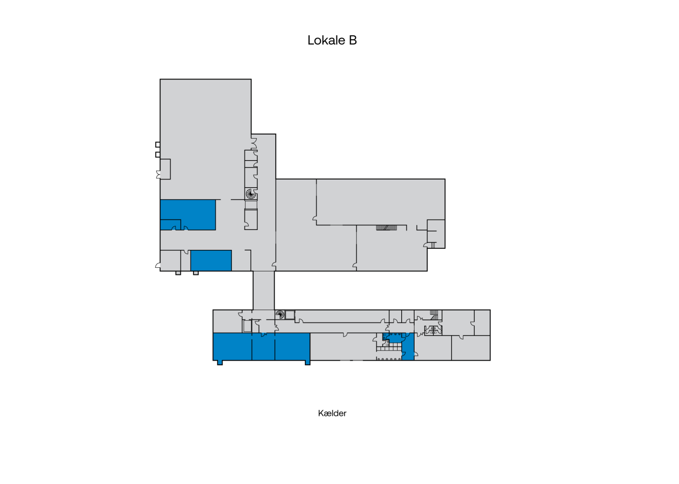 Grundplan mærket Lokale B med rummene skitseret; nogle sektioner til venstre og de nederste dele er fremhævet med blåt.
