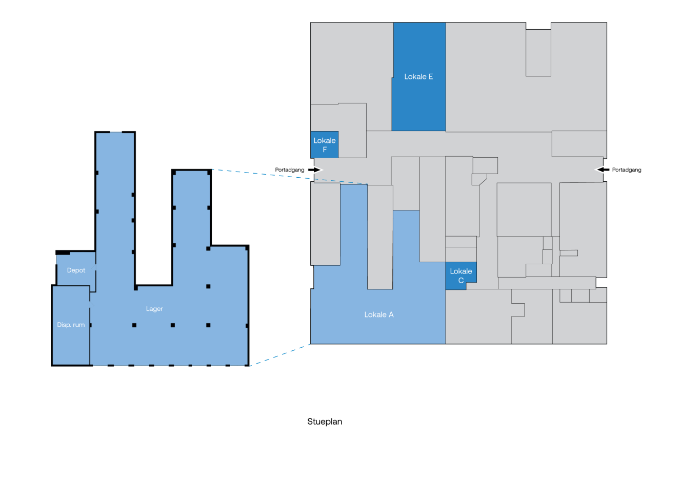 Grundplan, der viser to sammenhængende bygningsdele med angivne rum: Depot, Disp. rum, Lager, Lokale A, E, F og G. To pile markerer separate indgange til hovedområdet.