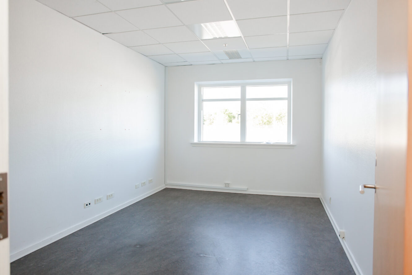 Tomt, umøbleret kontorlokale med hvide vægge, gråt gulv, loftsplader, et enkelt vindue, der lukker naturligt lys ind, og stikkontakter langs den ene væg.